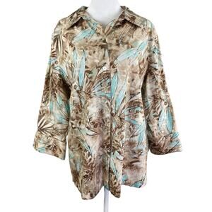 Additions by Chico's 3 (US XL) Button Up Blouse 3/4 Sleeve Brown Blue Leaf Print